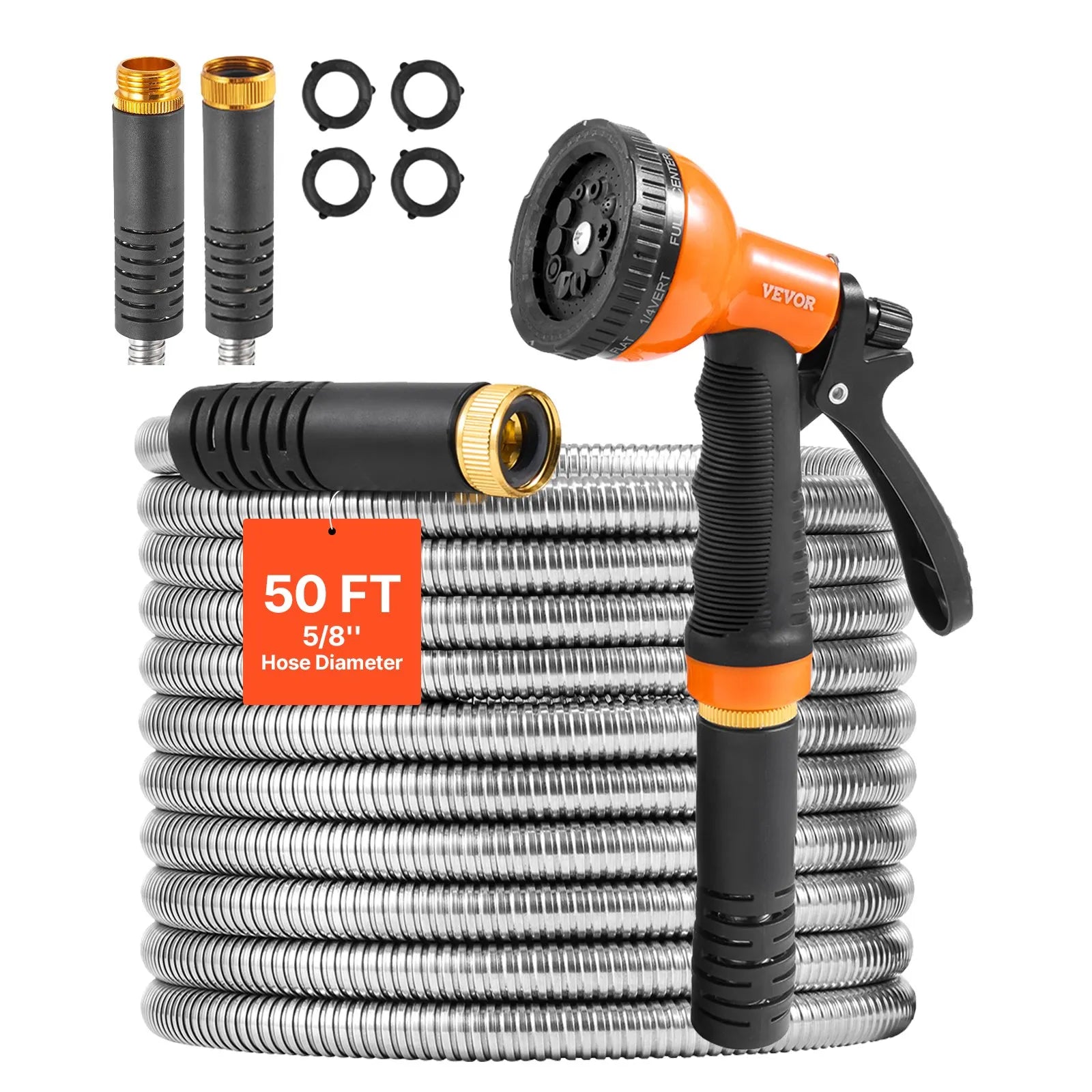VEVOR 50ft Metal Garden Hose Stainless Steel Water Hose Lightweight No Kink