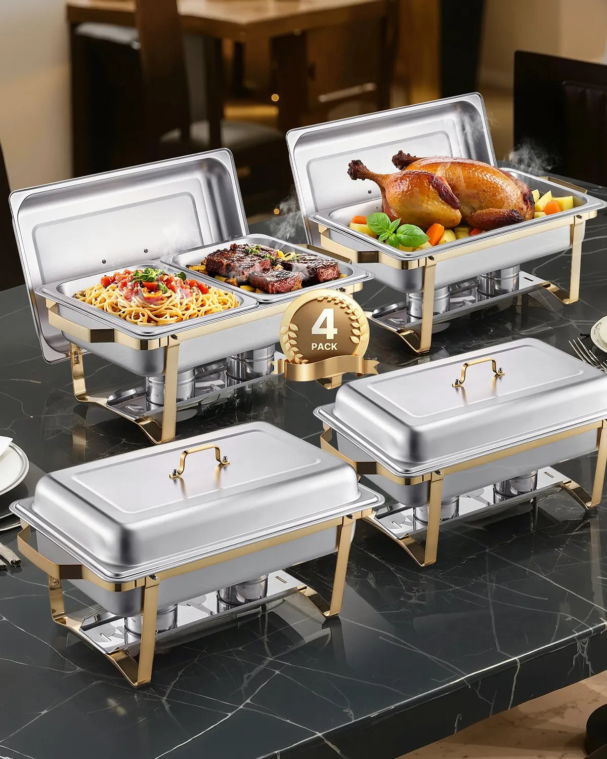 VEVOR 8 Qt 4 Pack Rectangle Chafing Dish Buffet Set Full-Size & Half-Size Pans