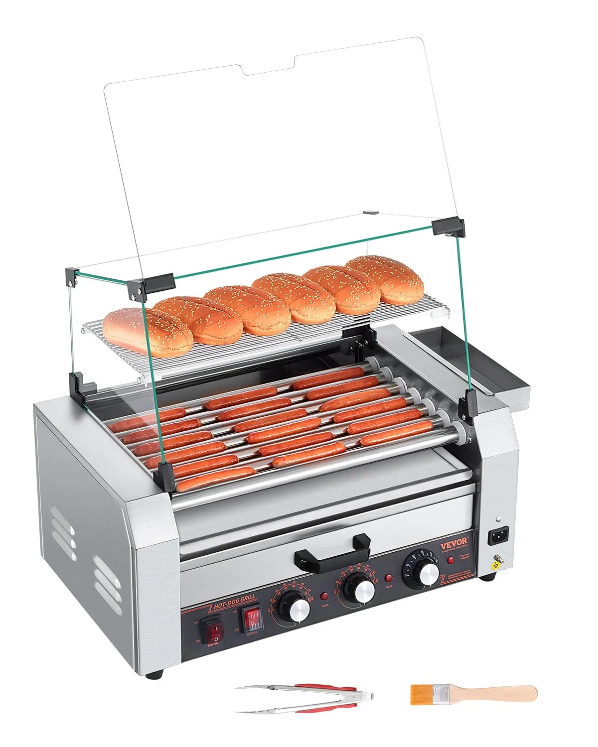 VEVOR 18 Hot Dog 7 Roller Electric Grill Cooker Machine Bun Warmer Cover 1200W