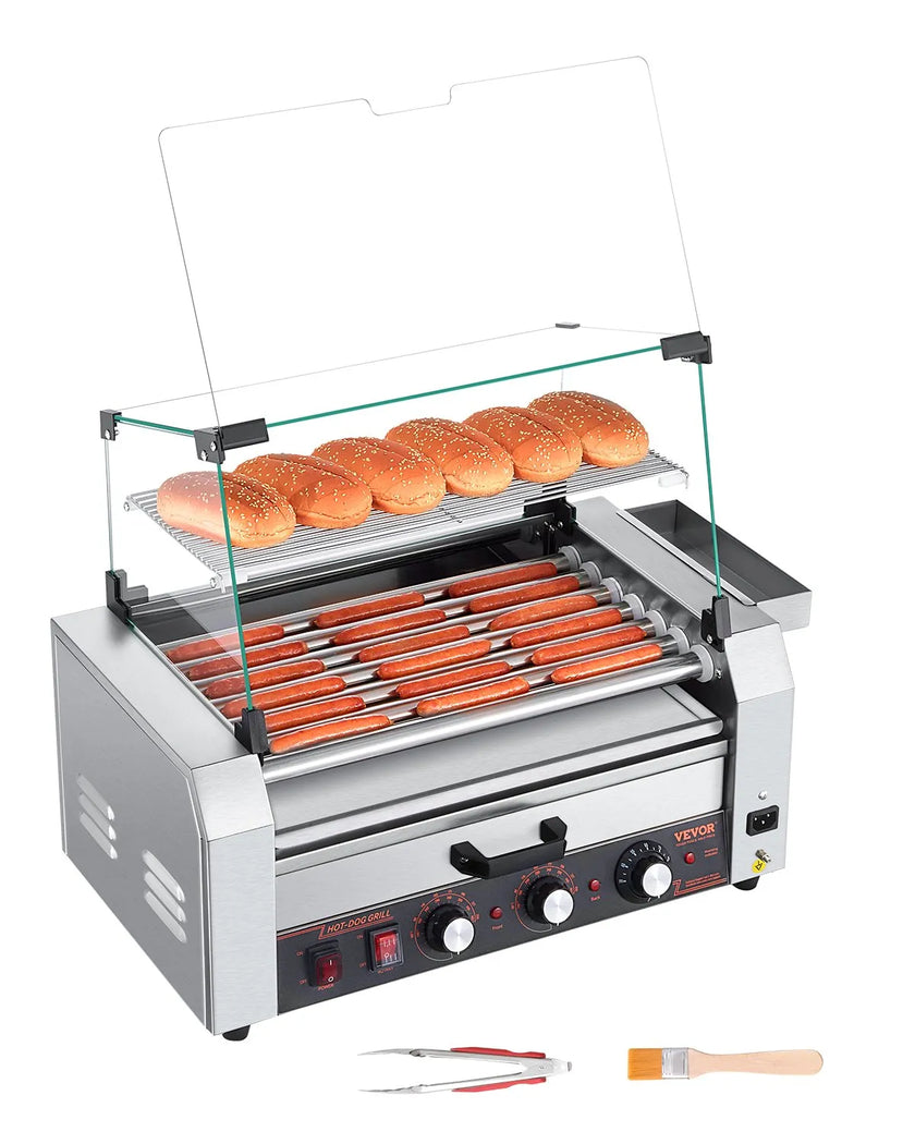 VEVOR 18 Hot Dog 7 Roller Electric Grill Cooker Machine Bun Warmer Cover 1200W