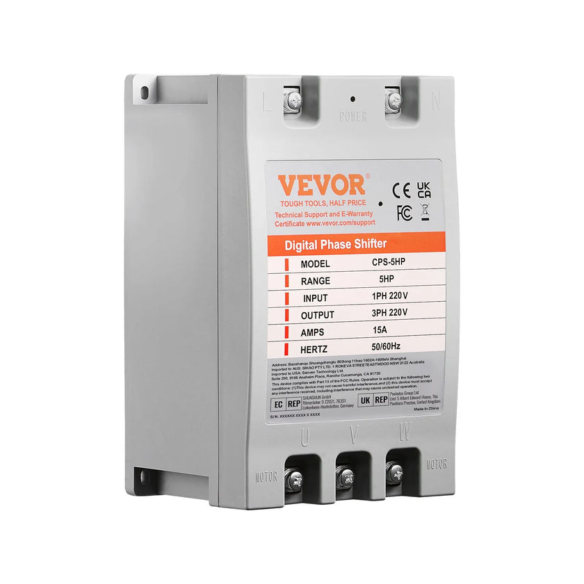 VEVOR 3 Phase Converter - 5HP 15A 220V Single Phase to 3 Phase Converter, Digital Phase Shifter for Residential and Light Commercial Use, 220V-240V Input/Output (One Converter for One Motor Only)