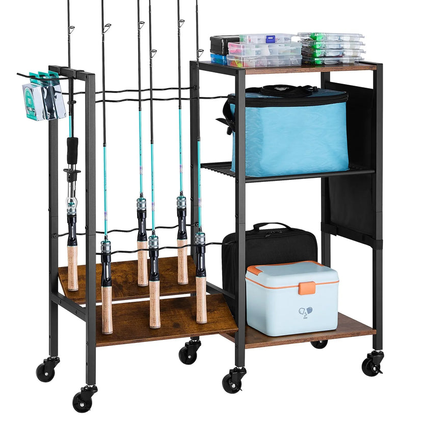 VEVOR 12 Pole Fishing Rod Holder Fishing Rack Cart Organizer for Garage Wheels