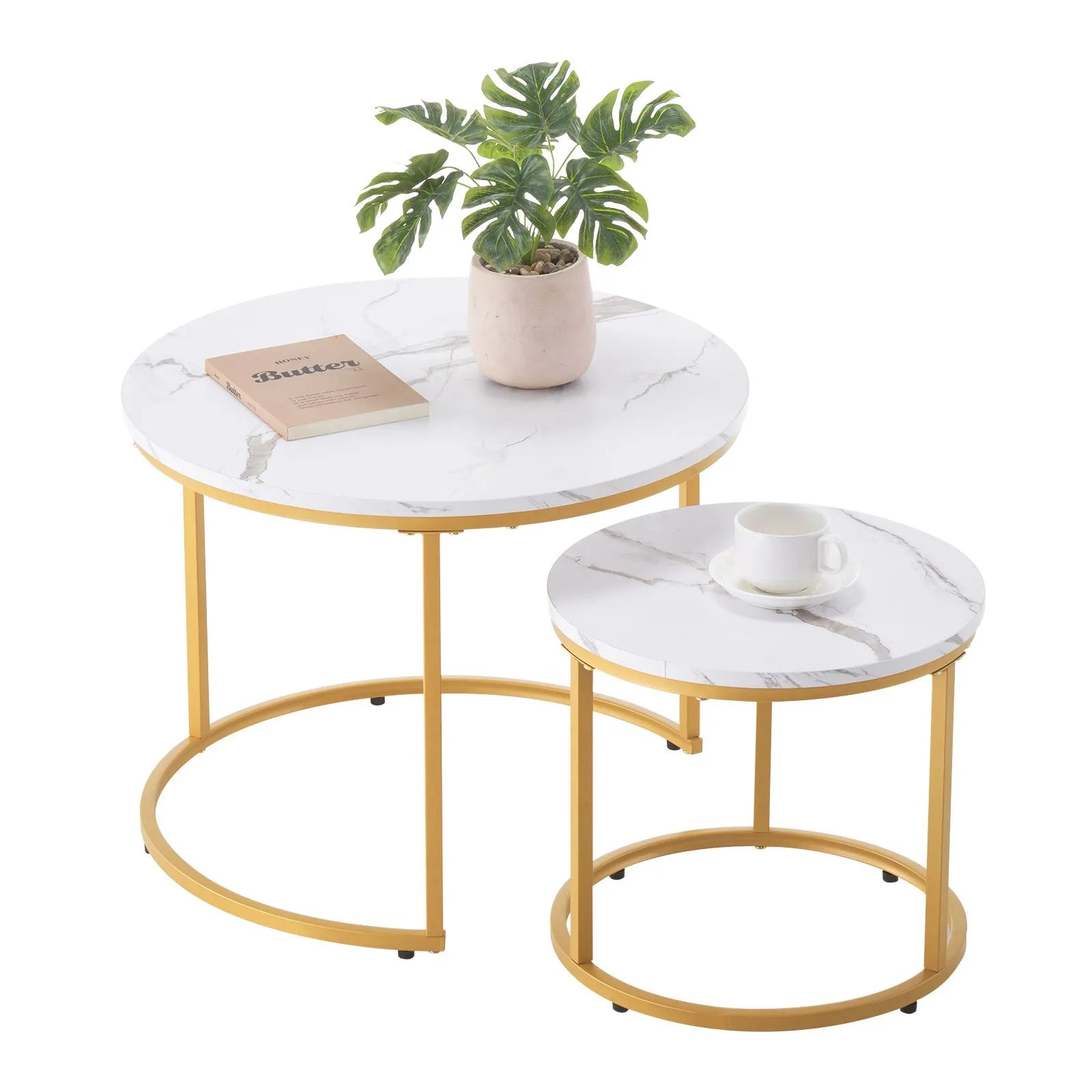 VEVOR Nesting Coffee Table Set of 2 Round Coffee Table 23.6 in (White & Gold)