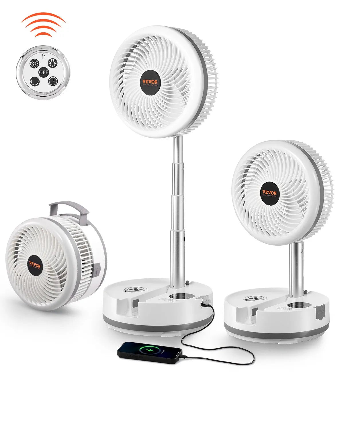 VEVOR 10 inch Foldable Rechargeable Oscillating Fan 3 in 1 Remote 9 Speeds