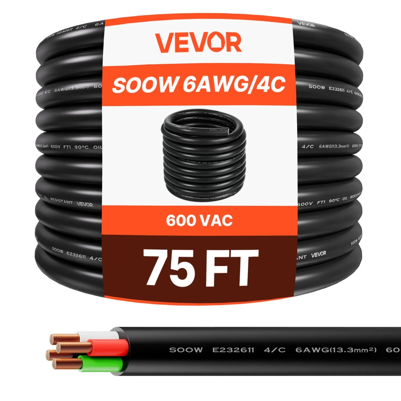 VEVOR 75 FT 6AWG Premium Electrical Power Cable Extension Cord Copper Wire