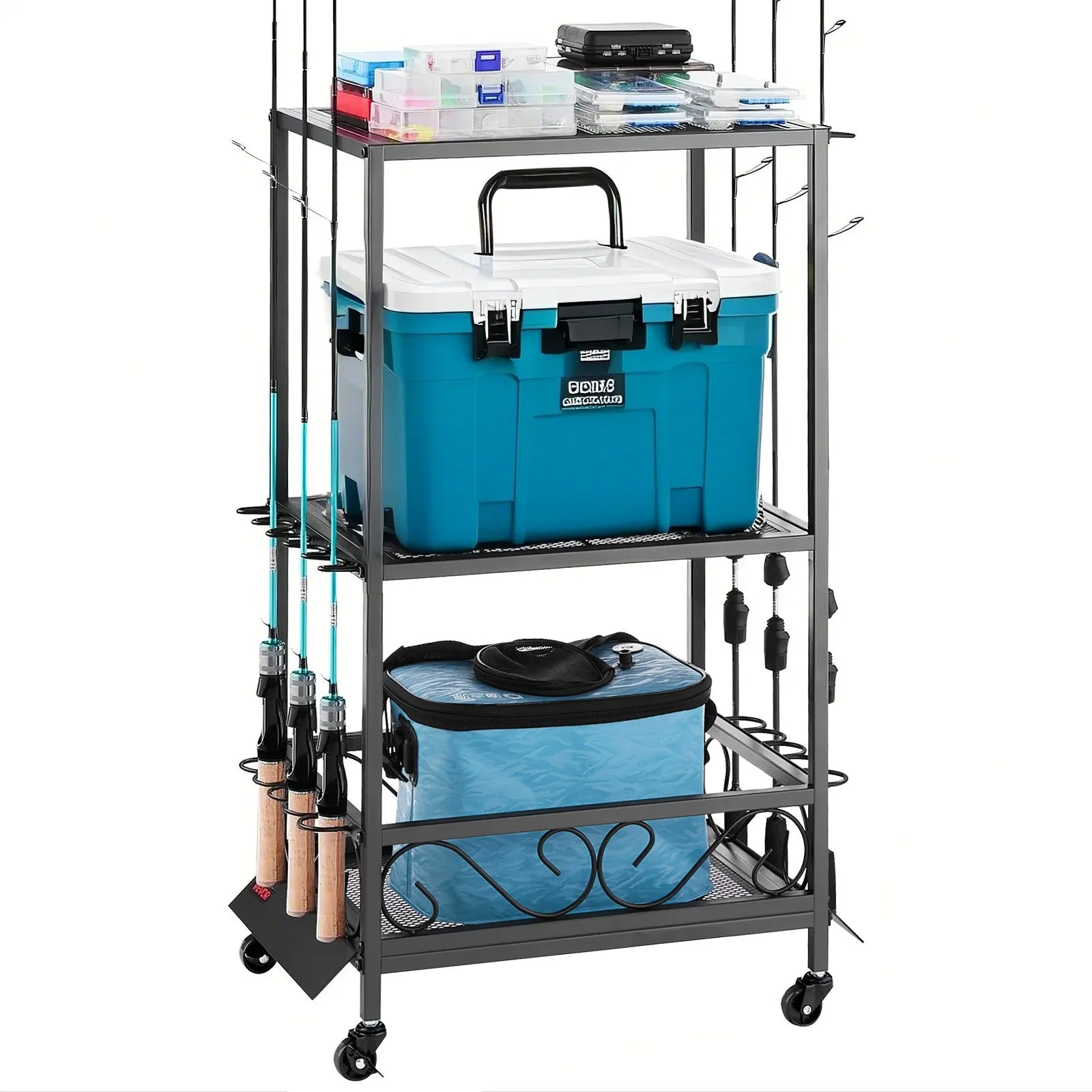 VEVOR 10 Pole Fishing Rod Holder Fishing Rack Cart Organizer for Garage Wheels