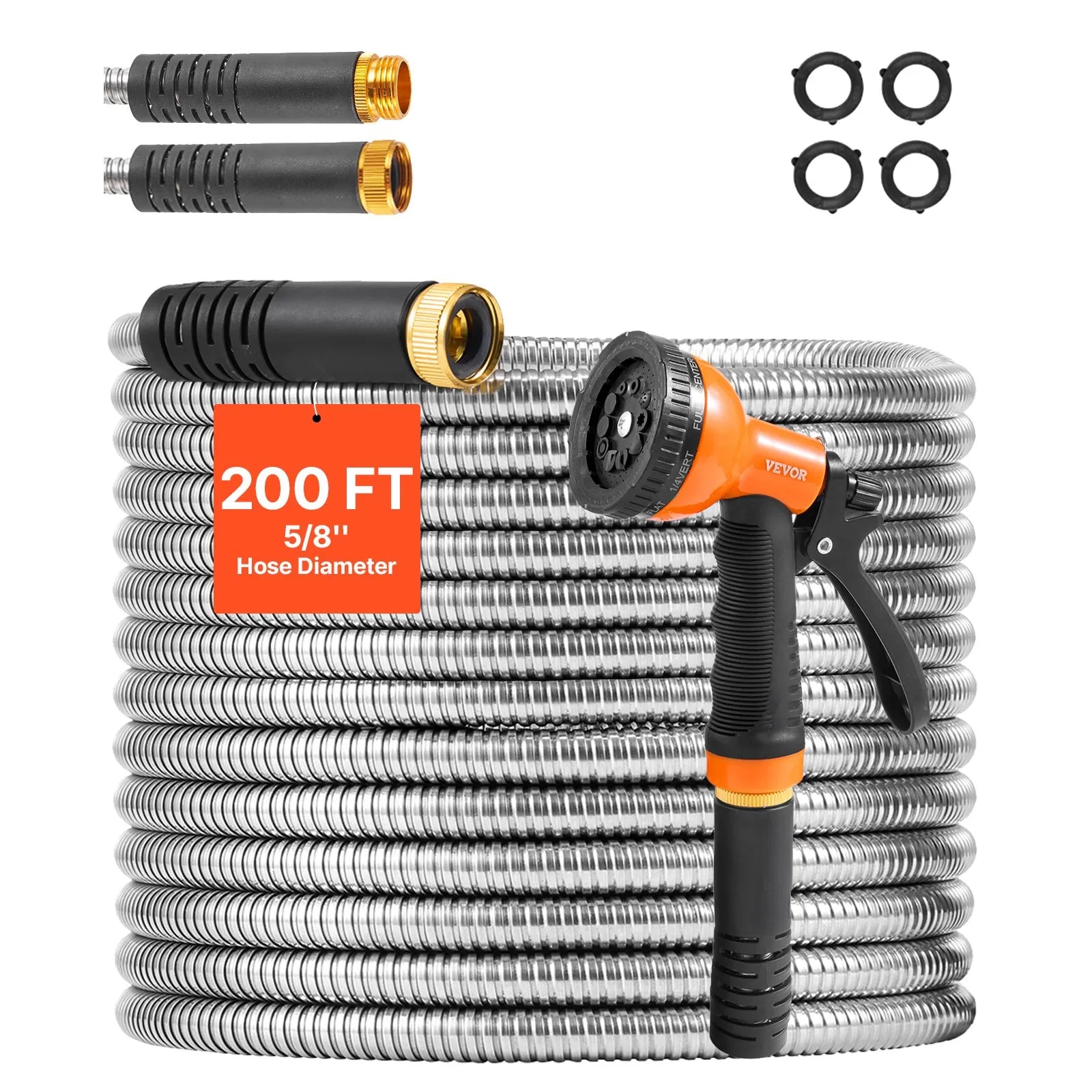 VEVOR 200ft Metal Garden Hose Stainless Steel Water Hose Lightweight No Kink