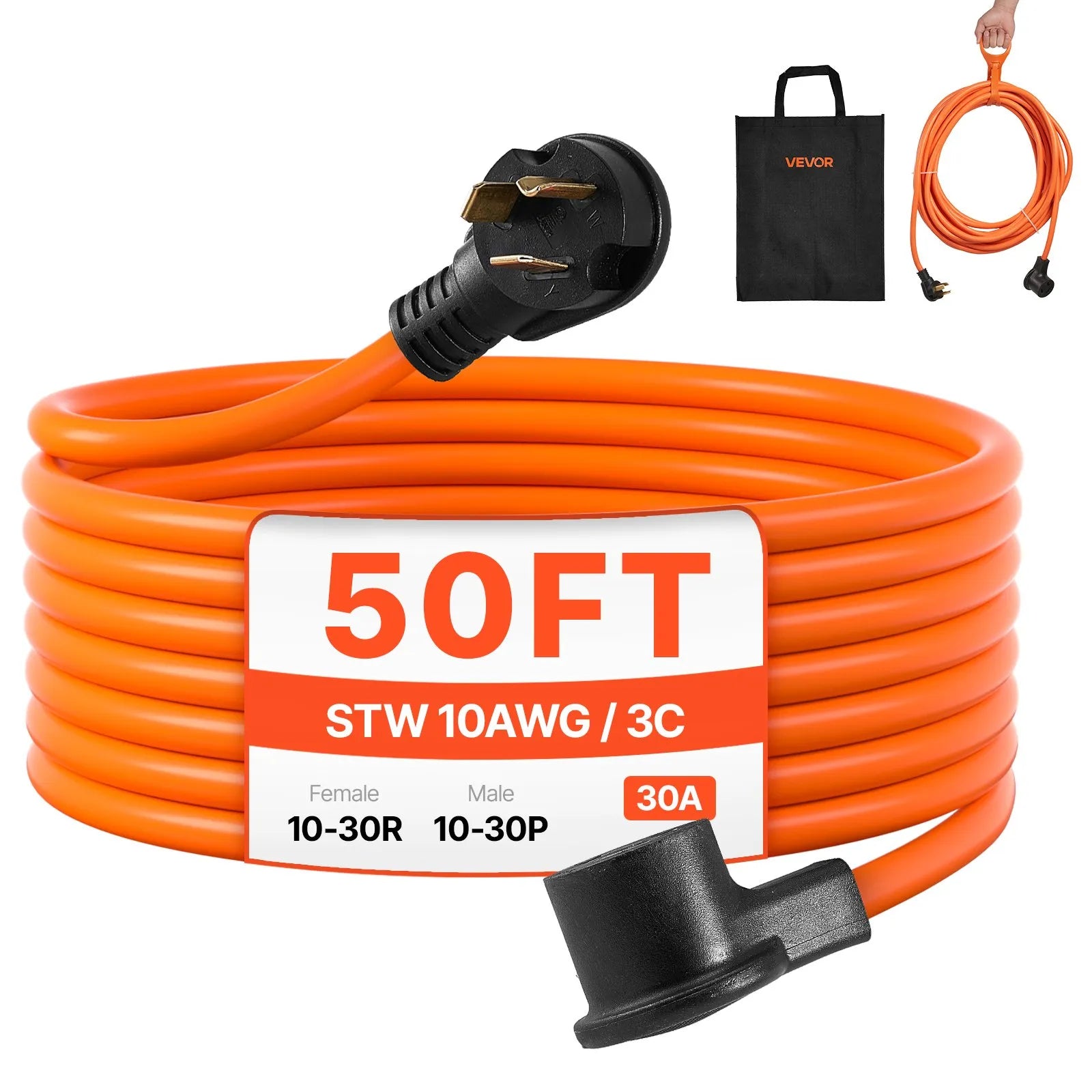 VEVOR 50 ft Dryer Extension Cord 3-Prong NEMA 10-30P to 10-30R Dryer Cord 30A