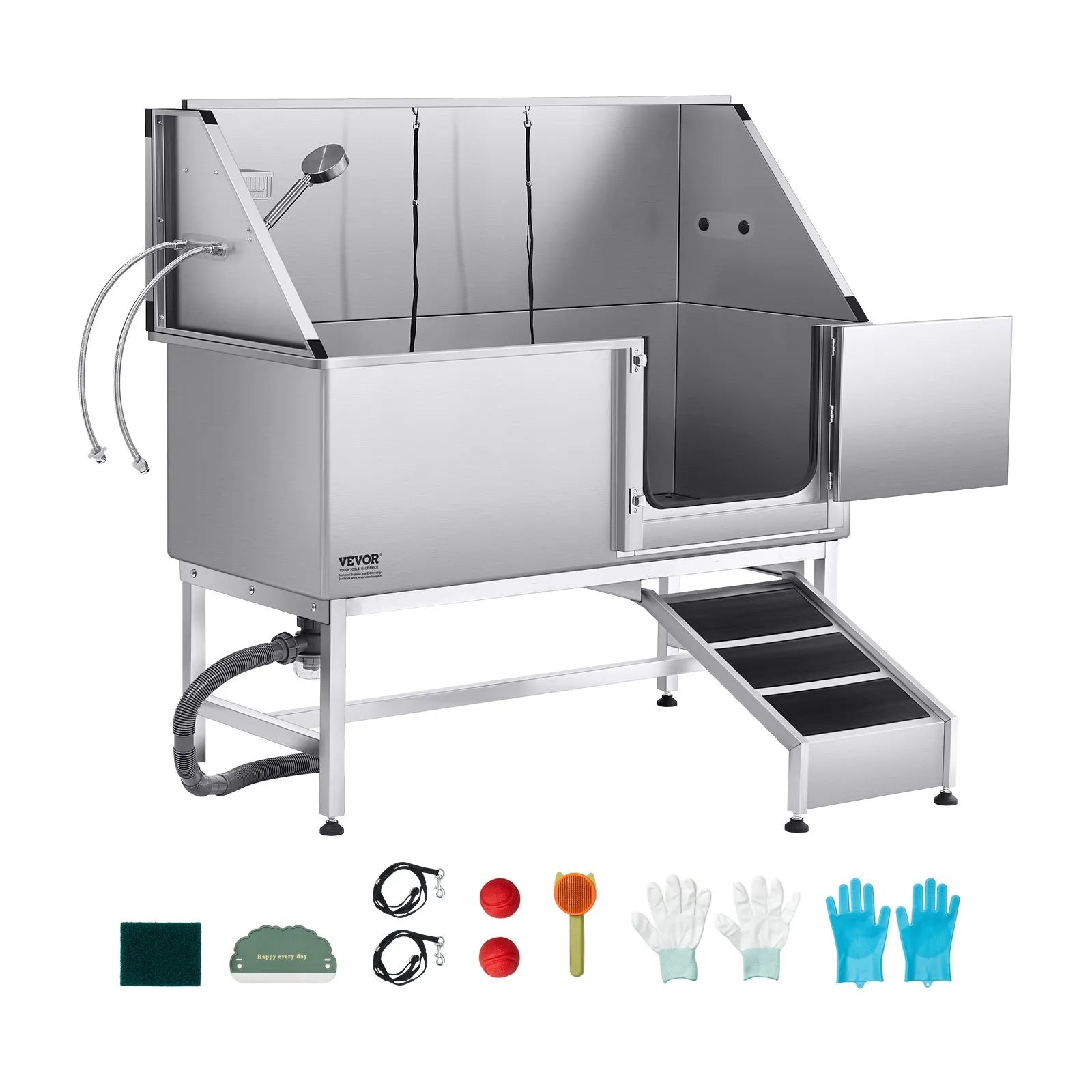 VEVOR 62 Inch Dog Grooming Bath Tub Stainless Steel w Ramp Water Filter