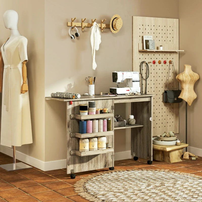 Sewing Machine Cabinet, Folding Sewing Table with Storage Shelf, Bins and Lockable Wheels for Small Space, Grey