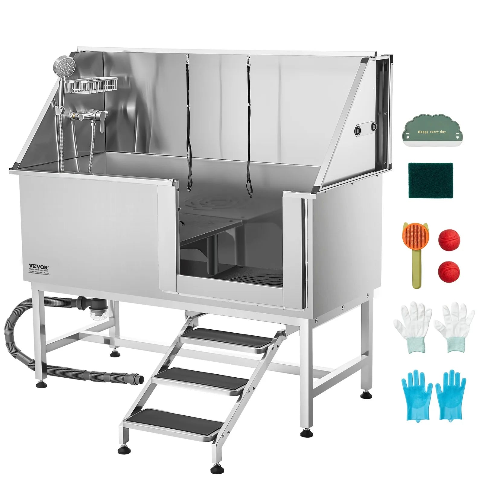 VEVOR 62 Inch Dog Grooming Bath Tub Stainless Steel w Stairs Water Filter