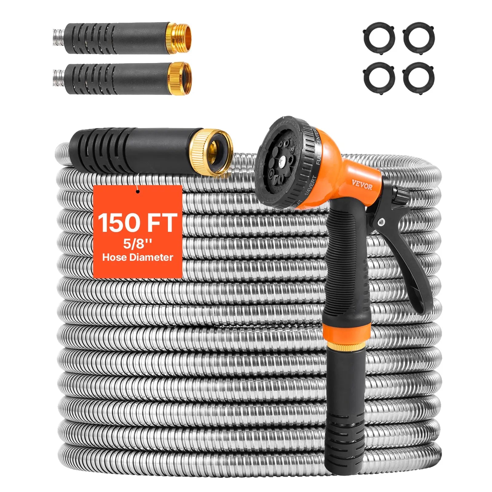 VEVOR 150ft Metal Garden Hose Stainless Steel Water Hose Lightweight No Kink