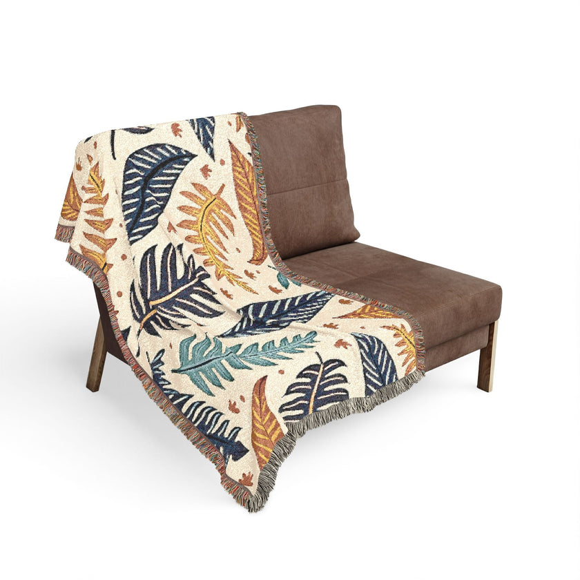 Tropical Leaf Woven Blanket — Boho Botanical Throw for Living Room, Bed, or Outdoor Picnics