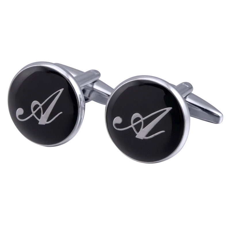 Men's Black Round Enamel Initial Letter Cufflinks – Brass & Crystal Formal Cufflinks A–Y | Canada & USA