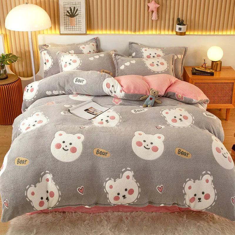 Coral Fleece Duvet Cover Sheet Flannel Pillowcase