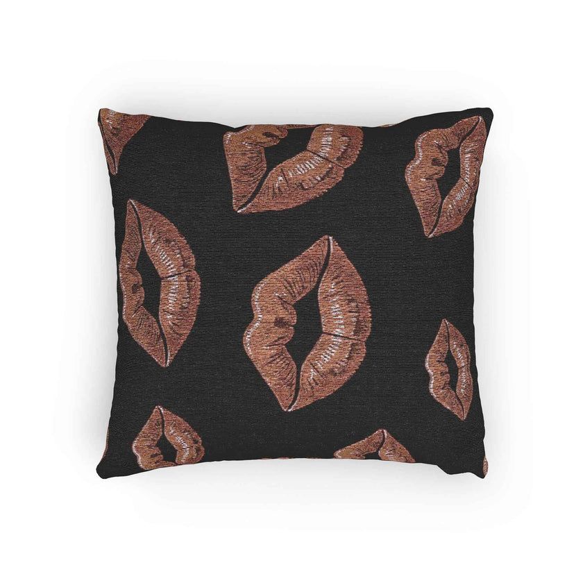 Rose Gold Lip Print Woven Pillow | Black Background, Decorative Throw Pillow