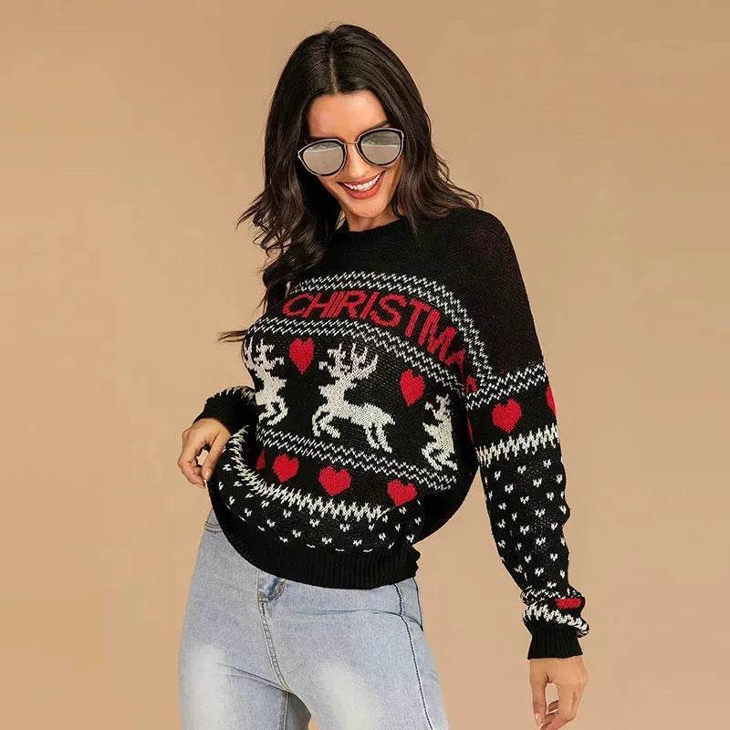 Christmas fawn Antics Reindeer Black  pullover sweater