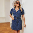 Women's Washed Belt button down Denim jeans mini short sleeve Dress