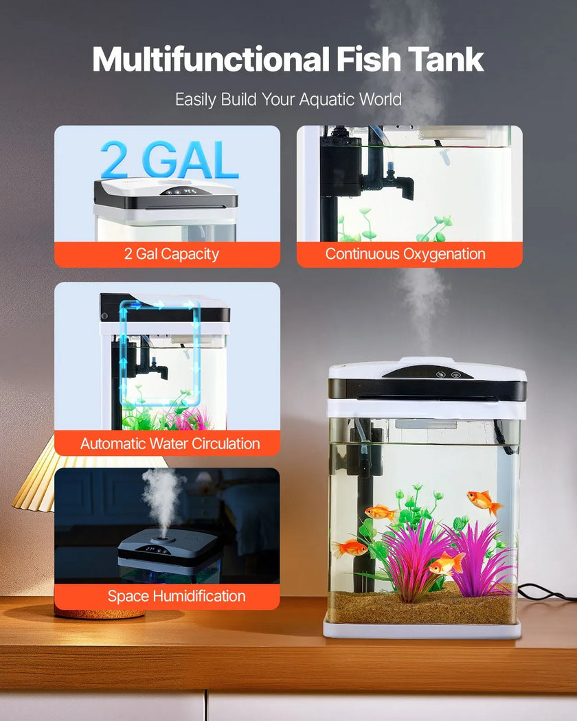 VEVOR 2 Gallon Fish Tank Aquarium LED Square Clear Glass 7 Color Self Cleaning