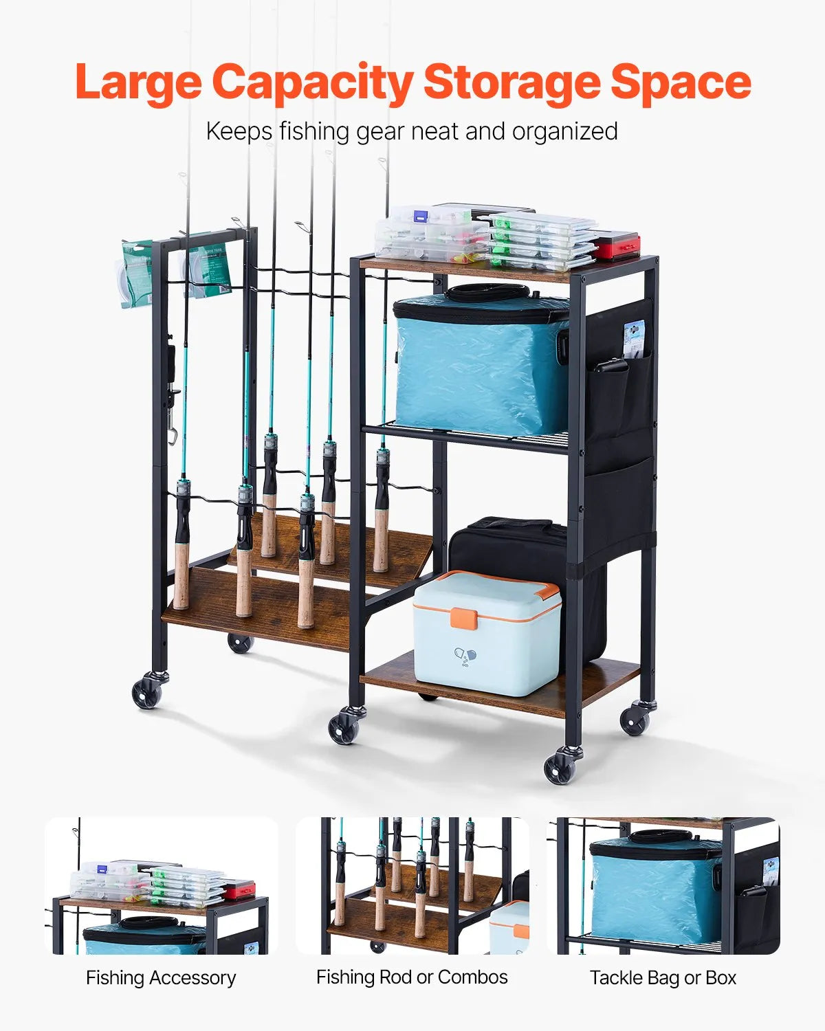 VEVOR 12 Pole Fishing Rod Holder Fishing Rack Cart Organizer for Garage Wheels