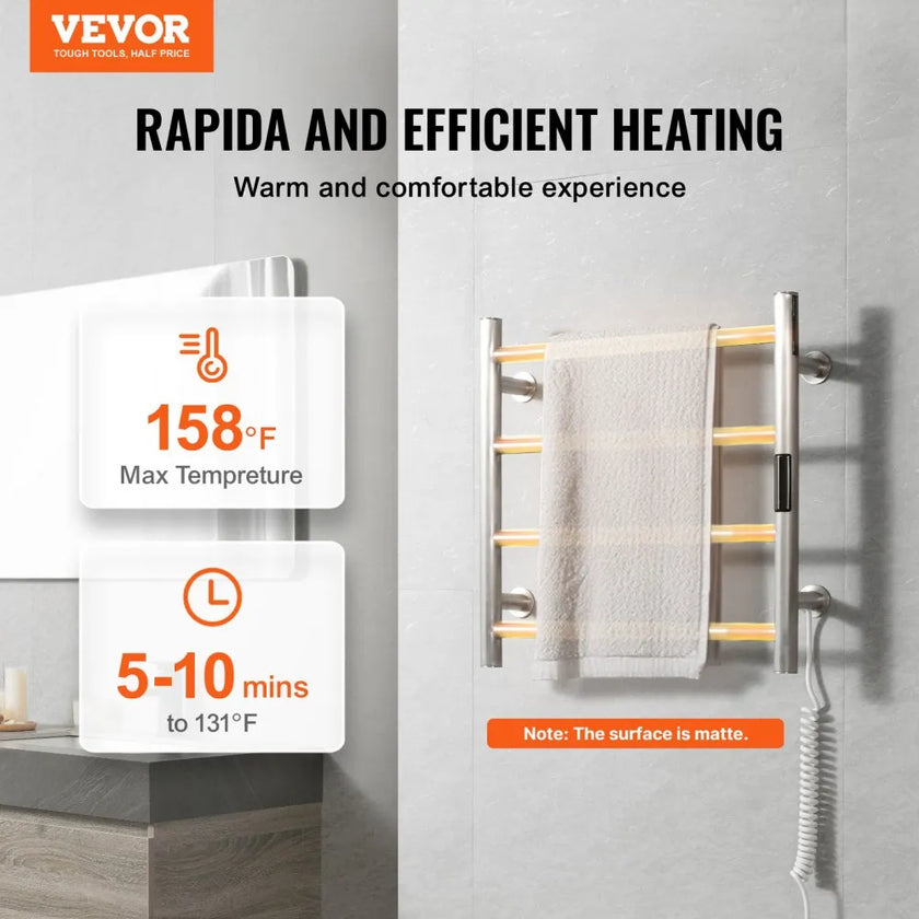 VEVOR 4-Bar Towel Warmer Rack Wall Mounted Heated Towel Rack for Bathroom Silver