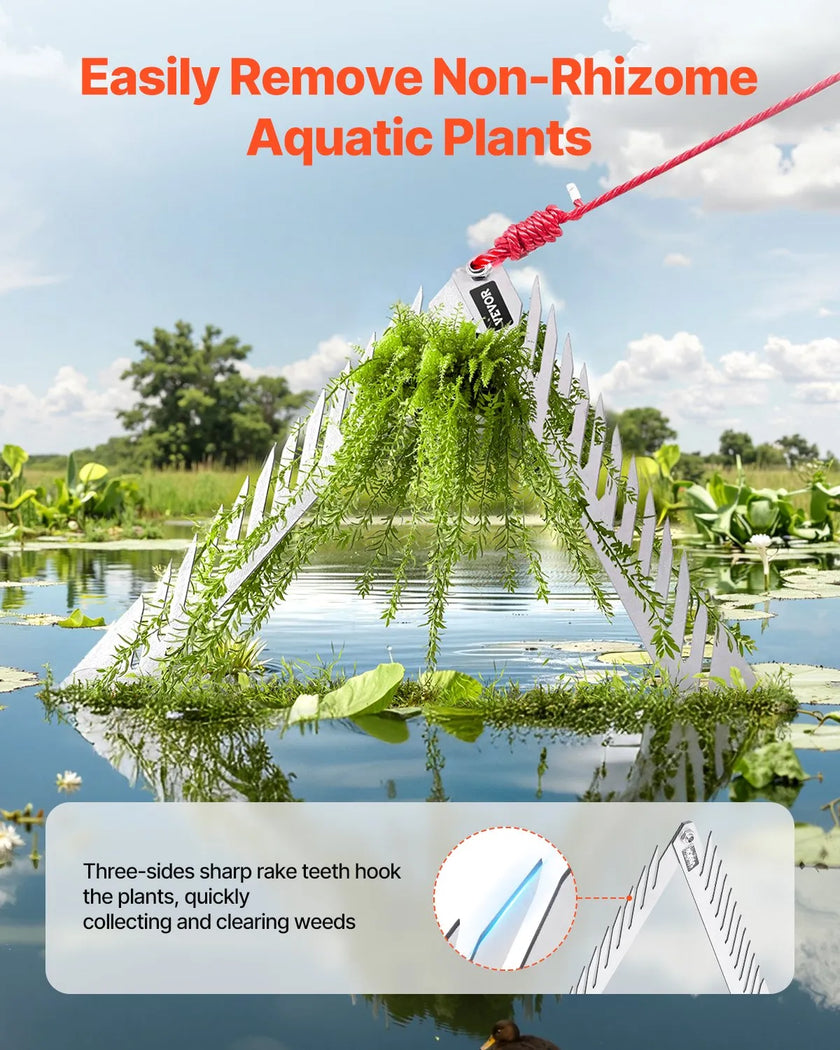 VEVOR 24in Aquatic Weed Rake 3-Sided Foldable Lake Weed Rake Handle 30ft Rope