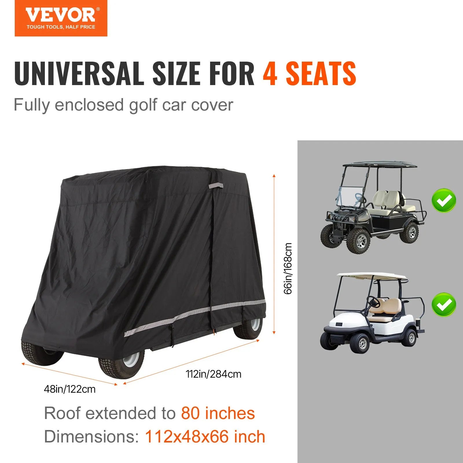VEVOR 4 Passenger Golf Cart Cover, 600D Polyester Full Cover, Universal Fits for Most Brand Club Car Covers, Waterproof, Sunproof, and Dustproof Outdoor Golf Cart Cover with Three Zipper Doors, Black