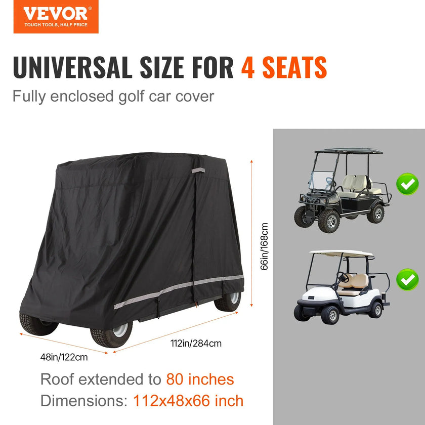 VEVOR 4 Passenger Golf Cart Cover, 600D Polyester Full Cover, Universal Fits for Most Brand Club Car Covers, Waterproof, Sunproof, and Dustproof Outdoor Golf Cart Cover with Three Zipper Doors, Black
