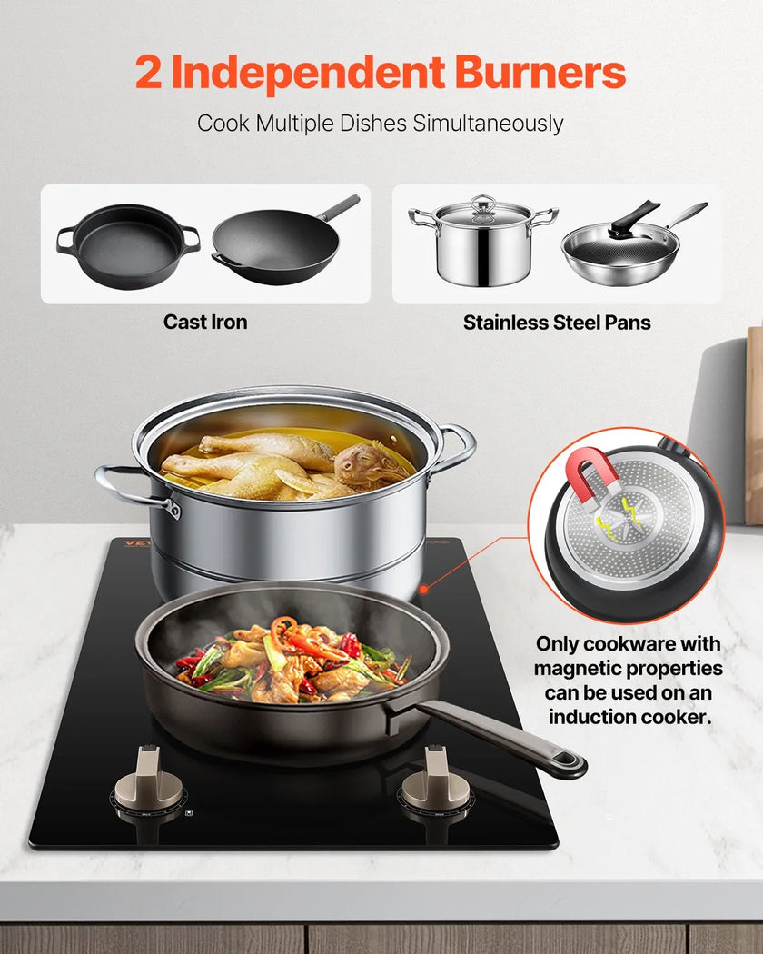 VEVOR 1800W 2 Burner Induction Cooktop Electric Countertop Burner Knob Control