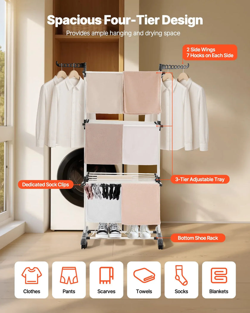 VEVOR 4-Tier Foldable Clothes Drying Rack with 24 Drying Poles and 4 Castors
