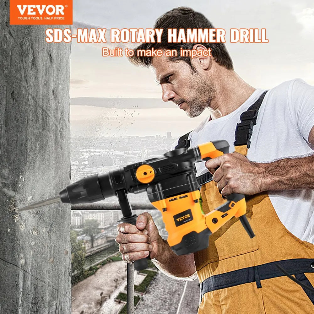 VEVOR 1-9/16 Inch SDS-Max Rotary Hammer Drill, 13Amp Corded Drills, Heavy Duty Chipping Hammers with Vibration Control & Safety Clutch, Electric Demolition Hammers Variable Speed, Power Tool For Concr