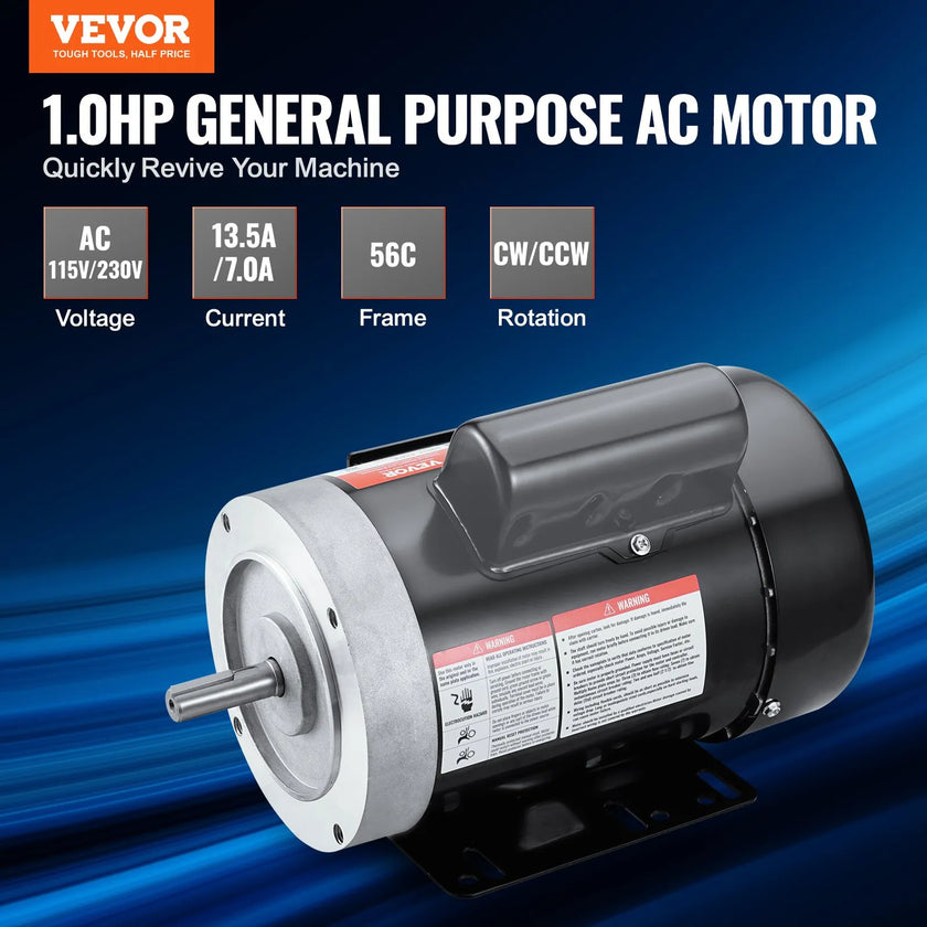 VEVOR 1HP Electric Motor 3450RPM AC115V/230V 56C Frame 1-Phase 5/8