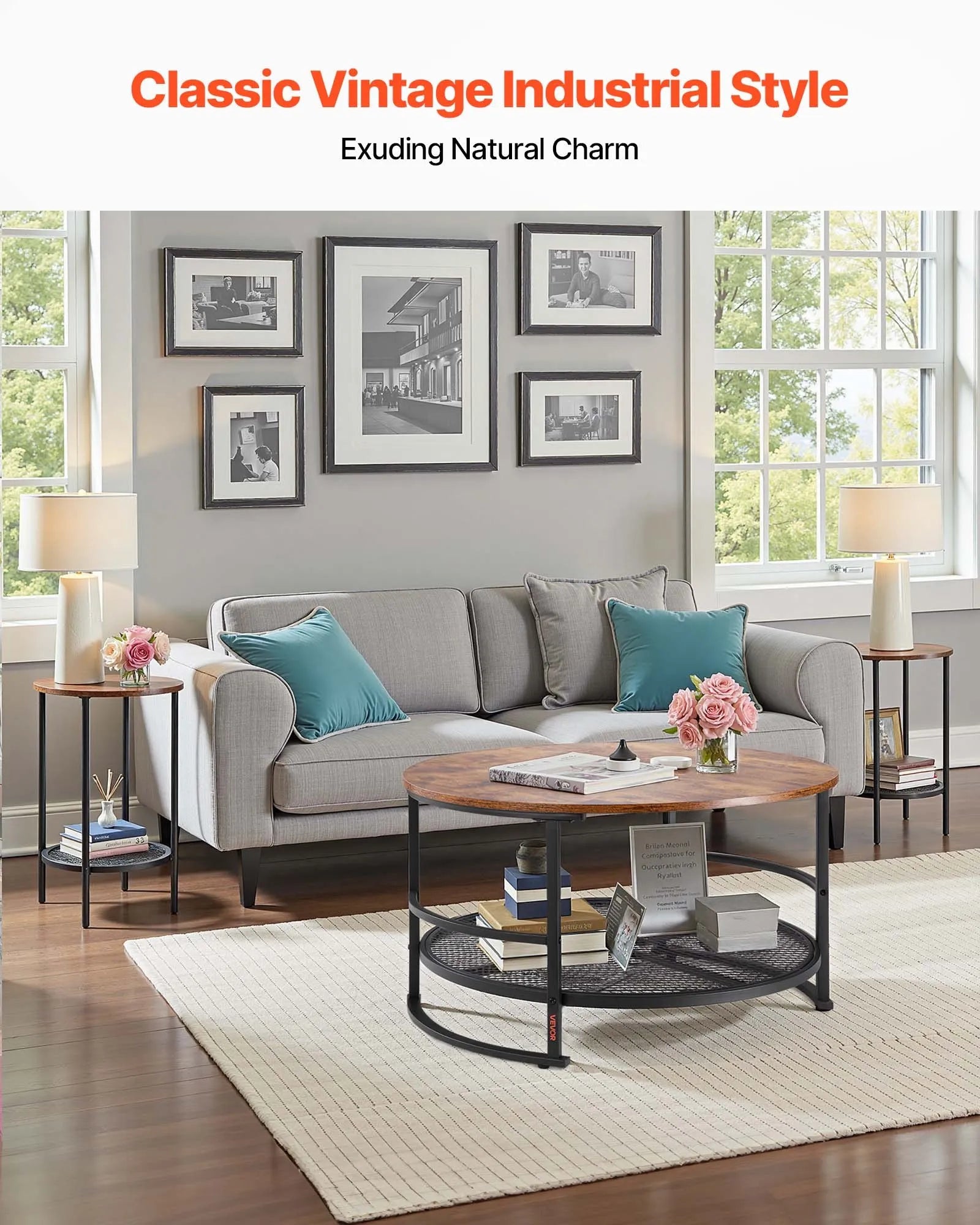 VEVOR 3 Pieces Round Coffee Table Set 31.5 in with 2 End Tables for Living Room