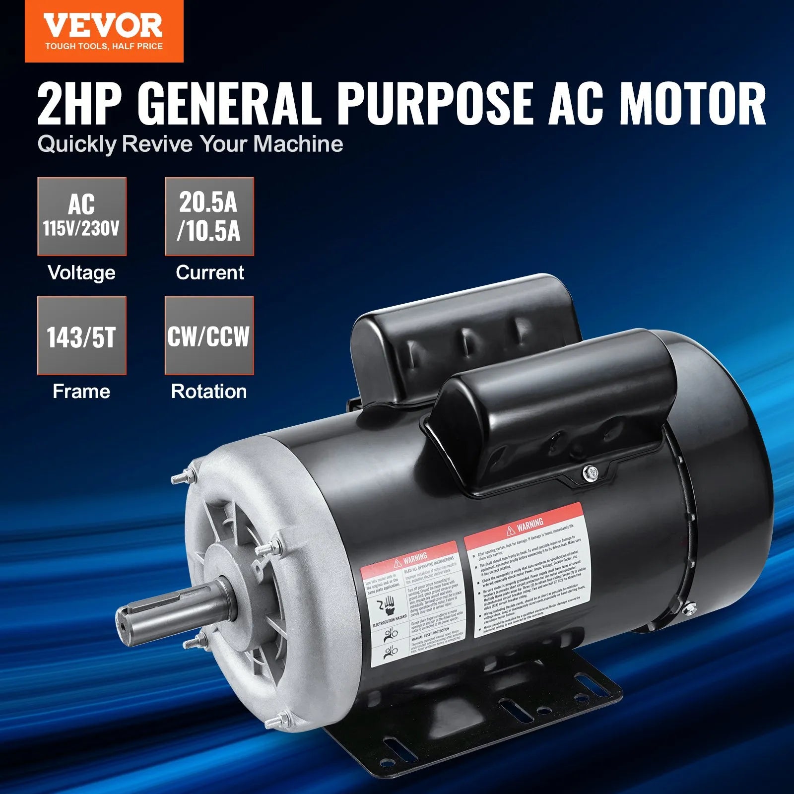 VEVOR 2HP Electric Motor 1725RPM AC115/230V 143/5T Frame 1-Phase 7/8