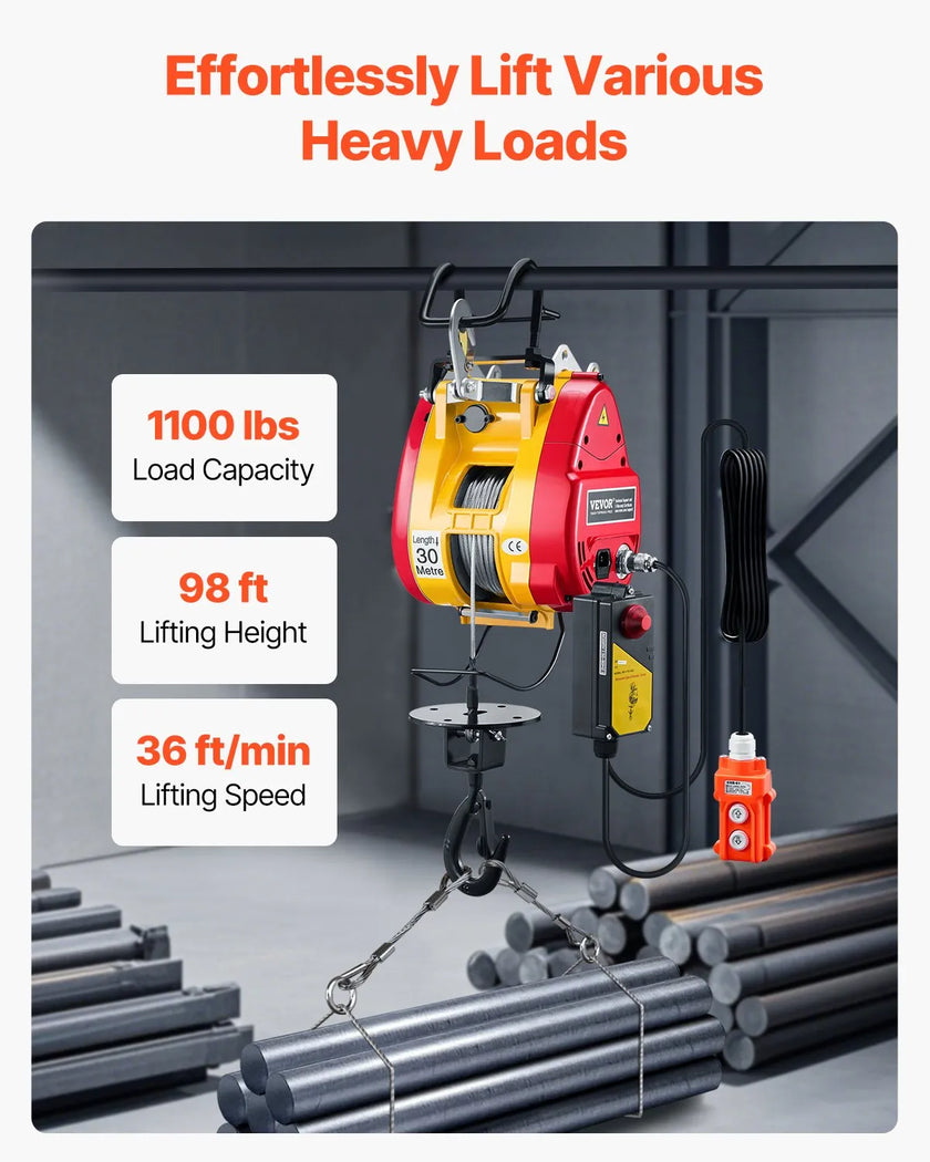 VEVOR 2-in-1 Portable Electric Hoist Winch 1100LBS Wired/Wireless Remote Control