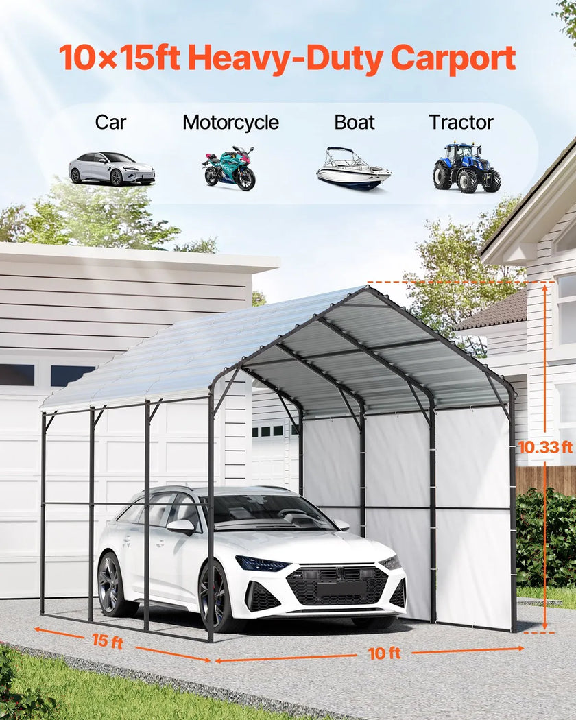 VEVOR 10' x 15' Metal Carport Heavy Duty Outdoor Car Shelter Garage for Boats