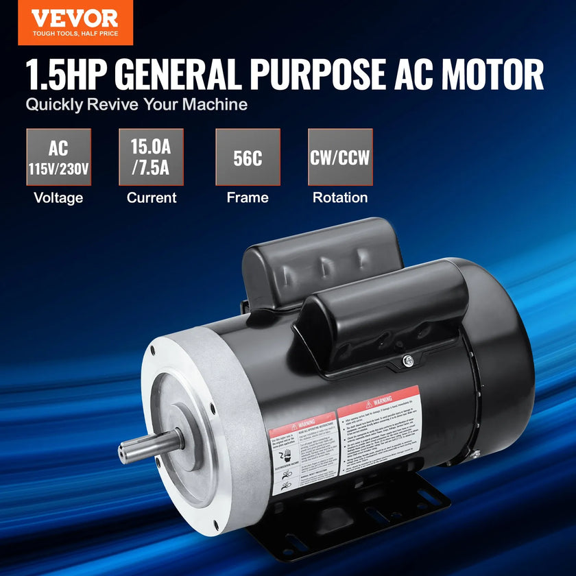 VEVOR 1.5HP Electric Motor 1725RPM AC115/230V 56C Frame 1-Phase 5/8