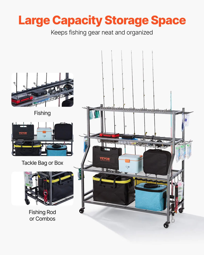 VEVOR 15 Pole Fishing Rod Holder Fishing Rack Cart Organizer for Garage Wheels