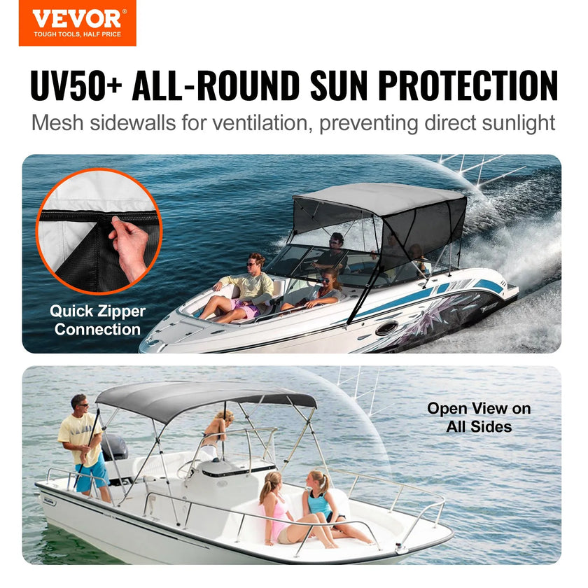 VEVOR 4 Bow Bimini Top Boat Cover, Detachable Mesh Sidewalls, 600D Polyester Canopy with 1