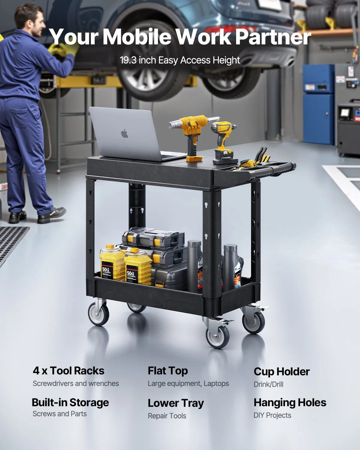 VEVOR 2-shelf Utility Cart 550 lbs 31.3 x 17.7-inch Service Cart with Wheels