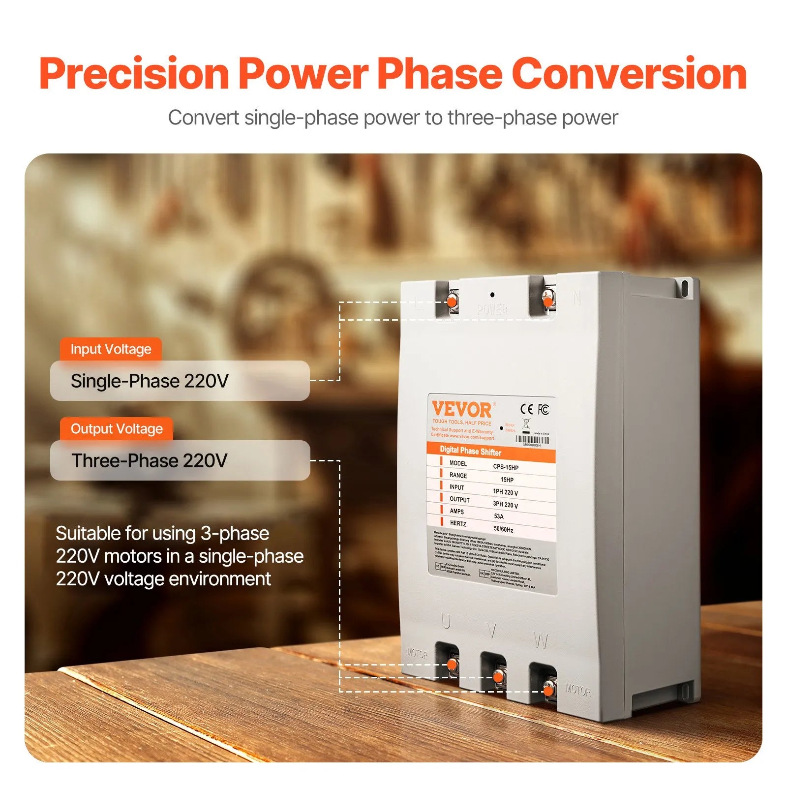 VEVOR 3 Phase Converter 15HP 53A 220V Single to 3 Phase 220V-240V Input/Output