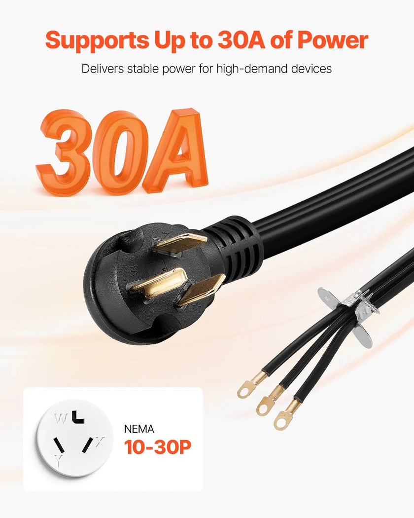 VEVOR 10 ft Dryer Power Cord 3-Prong NEMA 10-30P Dryer Cord w/ Eyelet Connectors