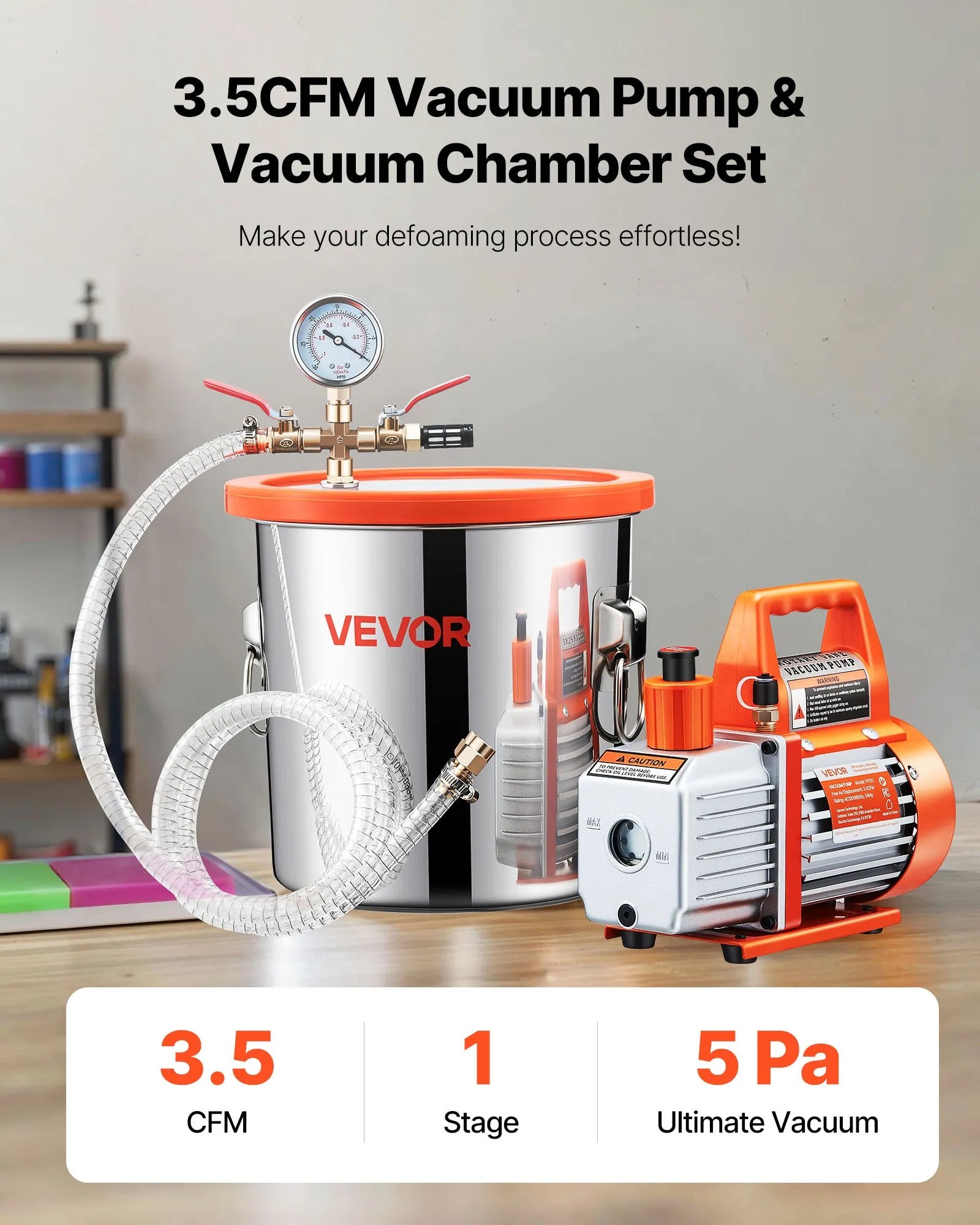 VEVOR 3.5CFM Single Stage Vacuum Pump 3 Gallon Stainless Steel Degassing Chamber