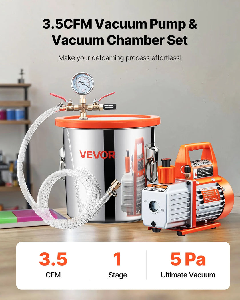 VEVOR 3.5CFM Single Stage Vacuum Pump 3 Gallon Stainless Steel Degassing Chamber