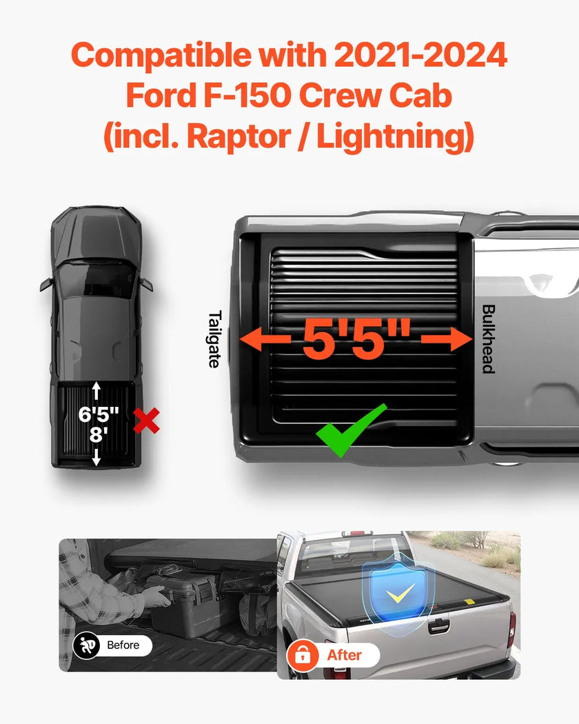 VEVOR 5.5 ft Retractable Tonneau Cover Hard Tonneau Cover for Ford F150