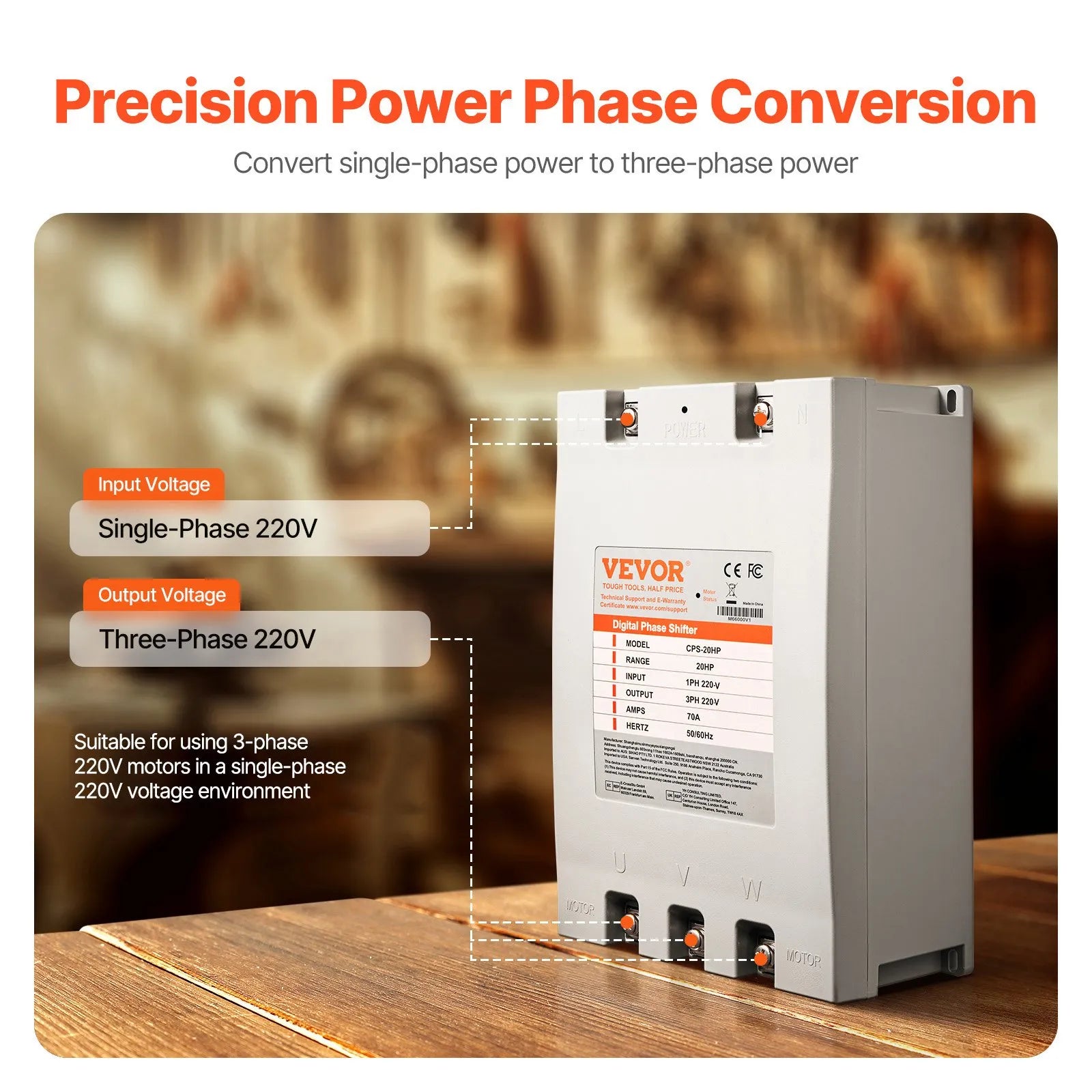 VEVOR 3 Phase Converter 20HP 70A 220V Single to 3 Phase 220V-240V Input/Output