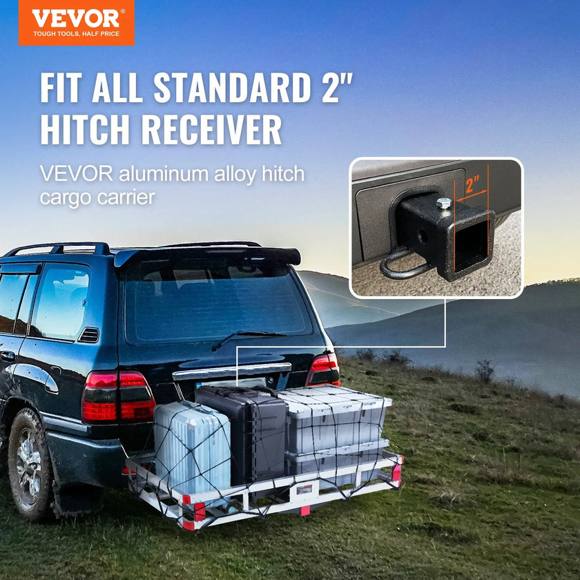 VEVOR 49.4 x 22.4 x 7.1 in Hitch Cargo Carrier, 500lb Capacity Trailer Hitch Mount Aluminum Cargo Basket, Luggage Carrier Rack Fits 2