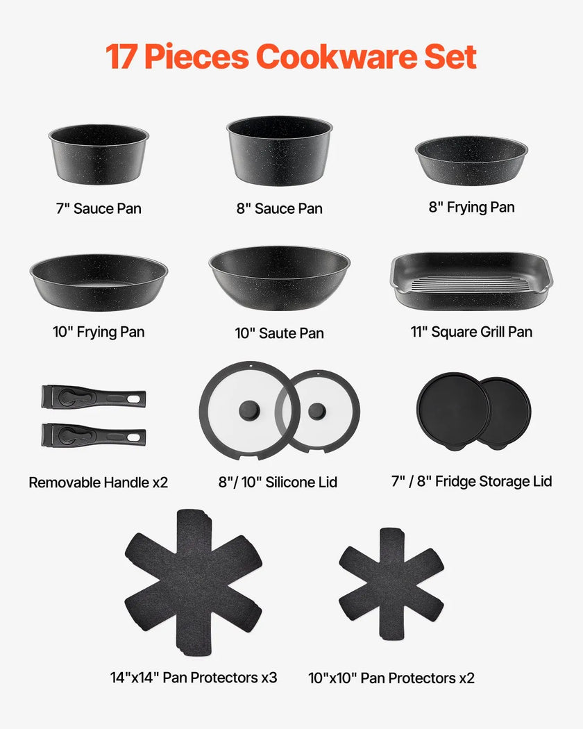 VEVOR 17 Piece Pots and Pans Set Granite Nonstick Kitchen Cookware Black