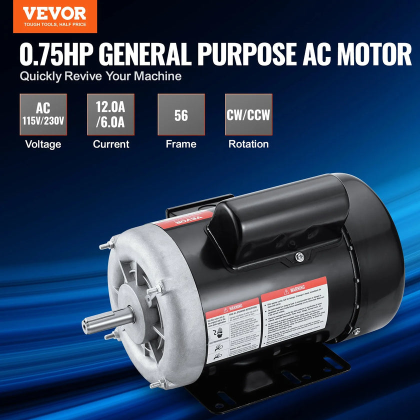VEVOR 0.75HP Electric Motor 1725RPM AC115/230V 56 Frame 1-Phase 5/8