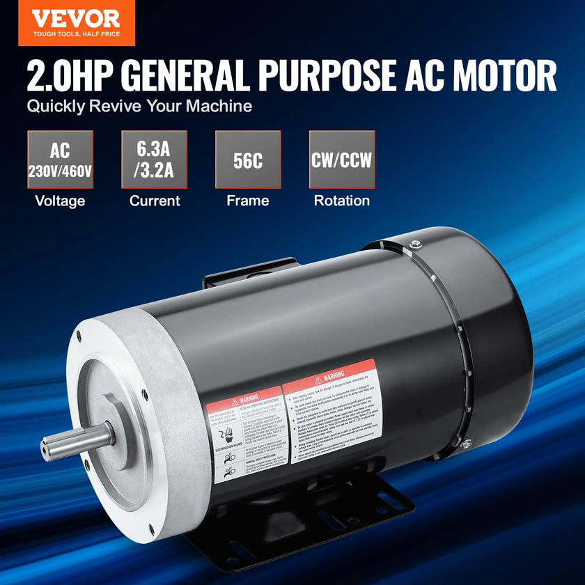VEVOR 2HP Electric Motor 3450RPM AC230V/460V 56C Frame 3-Phase 5/8